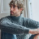 
A20289 CHARCOAL Colour Supersoft Merino Turtleneck Aran Sweater Lifestyle Closeup Gaelsong
