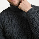 
A20289 CHARCOAL Colour Supersoft Merino Turtleneck Aran Sweater Studio Clsoeup Knit Chest View Gaelsong
