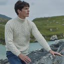 Supersoft Merino Turtleneck Aran Sweater White Lifestyle Gaelsong