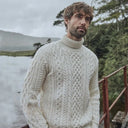 Supersoft Merino Turtleneck Aran Sweater White Lifestyle Front View  Gaelsong