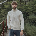 Supersoft Merino Turtleneck Aran Sweater White Color Lifestyle Front View Gaelsong