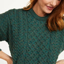 Women's Merino Crew Neck Aran Sweater Green Front View Gaelsong