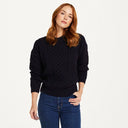 Women's Merino Crew Neck Aran Sweater Navy Front View  Gaelsong
