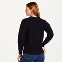 Women's Merino Crew Neck Aran Sweater Navy Back View Gaelsong