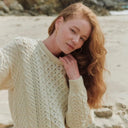 Women's Merino Crew Neck Aran Sweater White Gaelsong