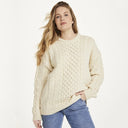 Women's Merino Crew Neck Aran Sweater White Front Gaelsong