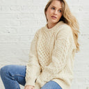 Women's Merino Crew Neck Aran Sweater White Studio Gaelsong