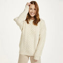 A20290 WHITE Colour Merino Crew Neck Aran Sweater Front Lifestyle Gaelsong
