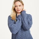 Women's Merino Crew Neck Aran Sweater Denim Front View Gaelsong
