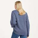 Women's Merino Crew Neck Aran Sweater Denim Back View Gaelsong