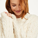 A20291 Ladies Cable Knit Irish Sweater White Front View Gaelsong