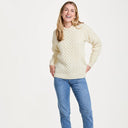 Women's Crew Neck Irish Fisherman Sweater White Front Gaelsong
