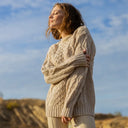 A20294 Ladies Heavyweight Aran Fisherman Sweater Parsnip  Color Lifestyle Gaelsong
