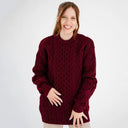 A20294 Ladies Heavyweight Aran Fisherman Sweater Wine Color Front View Gaelsong
