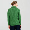 A20295 Ladies Aran Cable Knit Button Cardigan Green Color Back View  Gaelsong
