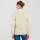 A20295 Ladies Aran Cable Knit Button Cardigan White Color Back View  Gaelsong
