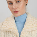 A20296 Ladies High Neck Merino Aran Zip Cardigan White Color Studio Gaelsong
