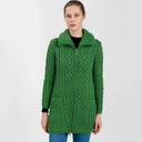 A20296 Ladies High Neck Merino Aran Zip Cardigan Green Color Studio Gaelsong
