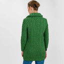 A20296 Ladies High Neck Merino Aran Zip Cardigan Green Color Back View Gaelsong
