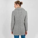 A20296 Ladies High Neck Merino Aran Zip Cardigan Grey Color Back View Gaelsong
