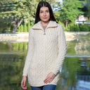 A20296 Ladies Irish Merino Aran Zip Cardigan in NATURAL WHITE Colour Lifestyle Gaelsong
