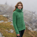 A20297 Funnel Neck Cable Knit Irish Sweater Green Color Lifestyle Gaelsong
