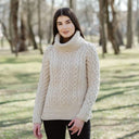 A20297 Funnel Neck Cable Knit Irish Sweater Parsnip Color Lifestyle Gaelsong
