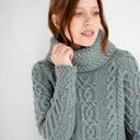 A20297 Funnel Neck Cable Knit Irish Sweater Misty Blue Color Front View Gaelsong
