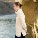 A20297 Funnel Neck Cable Knit Irish Sweater Lifestyle Gaelsong

