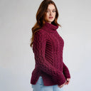A20297 Funnel Neck Cable Knit Irish Sweater Wine Color Side View Gaelsong
