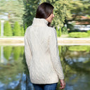 A20300 IrIsh Cable Knit Cardigan with Full Zipper in NATURAL WHITE Lifestyle Back Side View Gaelsong

