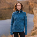 Ladies Irish Merino Zip Neck Sweater Teal Gaelsong