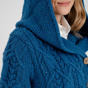 A20303 TEAL BLUE Colour Merino Wool Aran Leaf Irish Coat Closeup Knit View Gaelsong