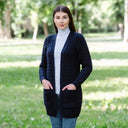 A20305 Merino Long Cable Knit Coat NAVY BLUE Lifestyle Back Side View Gaelsong
