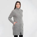 A20307 Ladies Merino Long Aran Pattern Coat Grey Studio Side View Gaelsong
