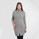 A20307 Ladies Merino Long Aran Pattern Coat Grey Studio Front View Gaelsong
