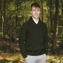 A20312 Men's Buttoned Shawl Neck Aran Fisherman Sweater Dark Green Marl Gaelsong