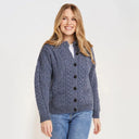 A20315 DENIM BLUE Colour Merino Aran Designed Women's Irish Cardigan Open Front View Gaelsong