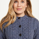 A20315 DENIM BLUE Colour Merino Aran Designed Women's Irish Cardigan Open Closeup View Gaelsong