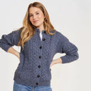 A20315 DENIM BLUE Colour Merino Aran Designed Women's Irish Cardigan Open View Gaelsong