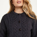 A20315 CHARCOAL Colour Merino Aran Designed Women's Irish Cardigan Closeup View Gaelsong