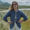 A20315 DENIM BLUE Colour Merino Aran Designed Women's Irish Cardigan Open Lifestyle Gaelsong