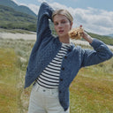 A20315 DENIM BLUE Colour Merino Aran Designed Women's Irish Cardigan Open Lifestyle Gaelsong