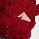 A20315 RICH RED Colour Merino Aran Designed Women's Irish Cardigan Front Pocket DesignGaelsong