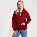 A20315 RICH RED Colour Merino Aran Designed Women's Irish Cardigan Open Front Style Gaelsong