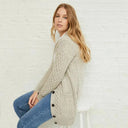 A20316 MISTY GREY Close Buttons View Colour Women's Boyfriend Fit Aran Merino Cardigan Side View Gaelsong