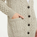 A20316 MISTY GREY Colour Women's Boyfriend Fit Aran Merino Cardigan Closeup View Pocket Gaelsong