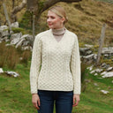 A20320NATURALWHITE Merino V-Neck Women's Aran Sweater Lifestyle Gaelsong