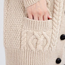 A20324 PARSNIP Colour Chunky Cable Knit Boyfriend Cardigan Front Pocket View Gaelsong
