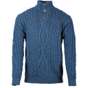 A20330 ATLANTIC BLUE Colour Aran Fisherman Turtleneck Sweater Studio Front View Gaelsong
